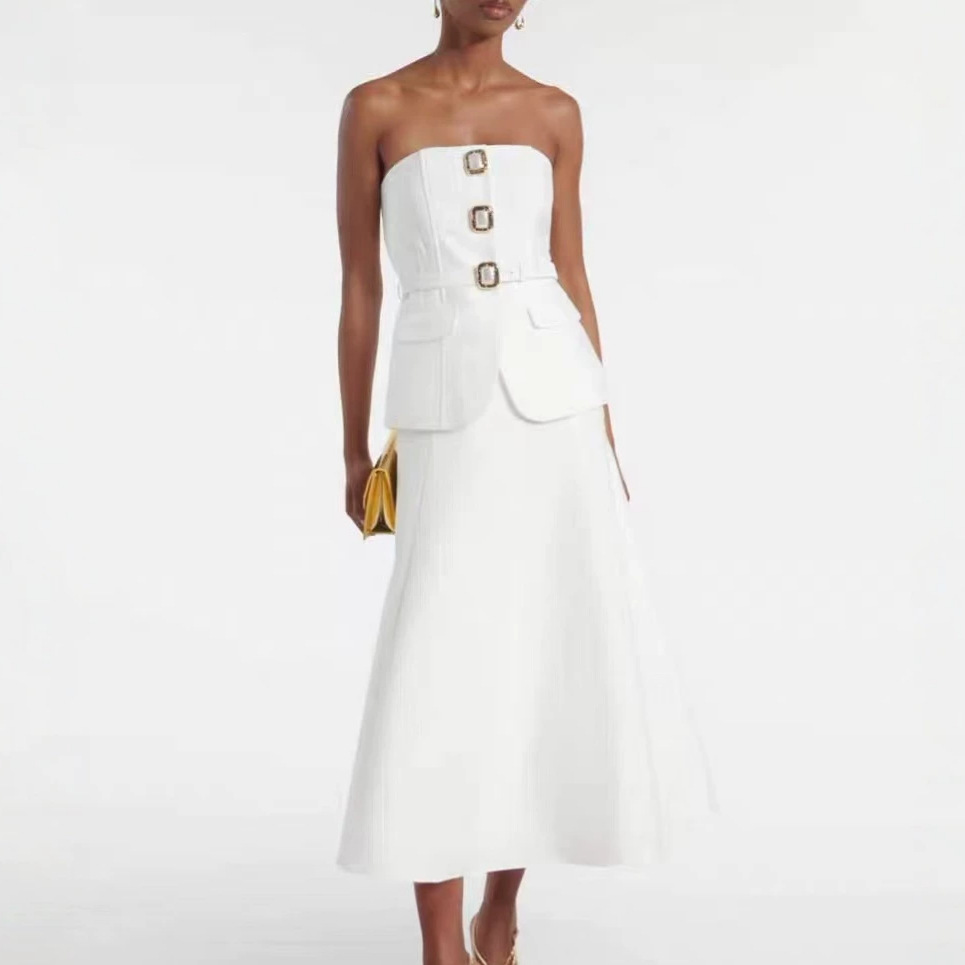 Women Formal Wear For Meeting - 여성 섹시 스트랩리스 다이아몬드 버튼 벨트
