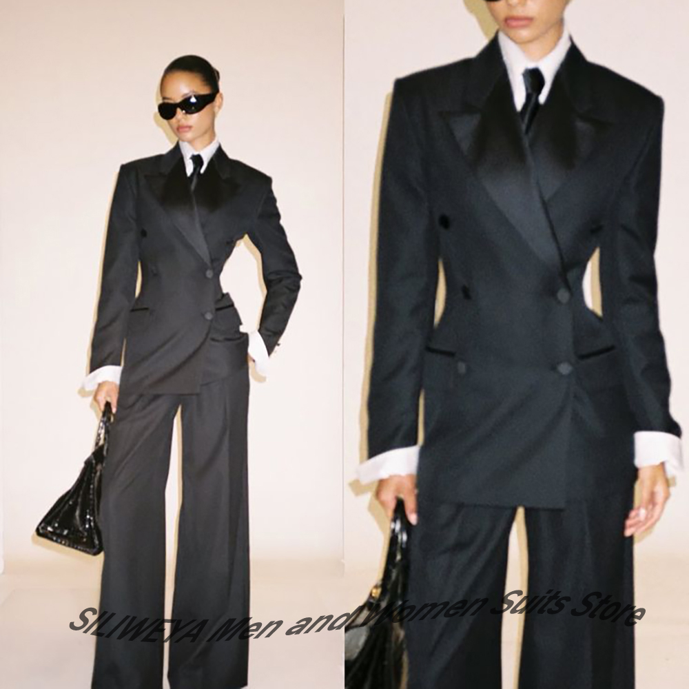 Women Formal Wear Outfits - 전문직 여성용 블랙 더블 브레스티드 슬림핏