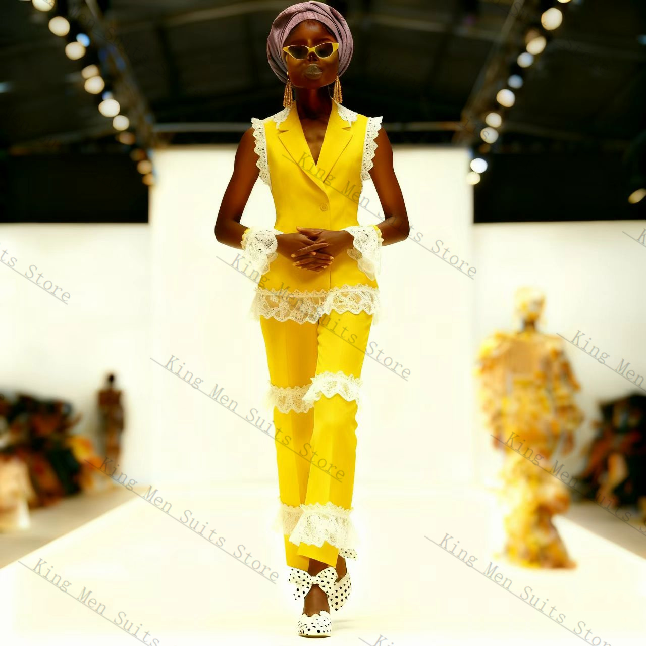 Yellow Formal Wear Women - 노란색 흰색 레이스 여성 정장 세트