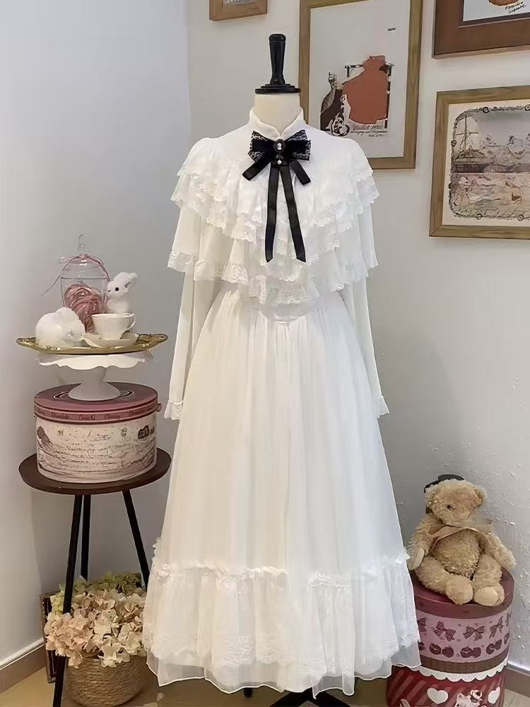 Women Formal Wear Outfits - 일본식 반소매 리본 레이스 드레스 화이트