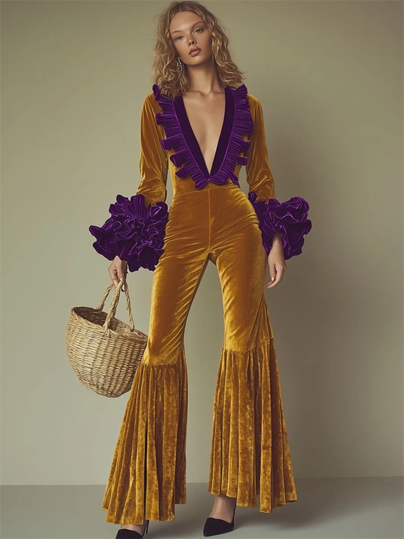Yellow Formal Wear Women - 옐로우 퍼플 벨벳 여성 점프수트 섹시한