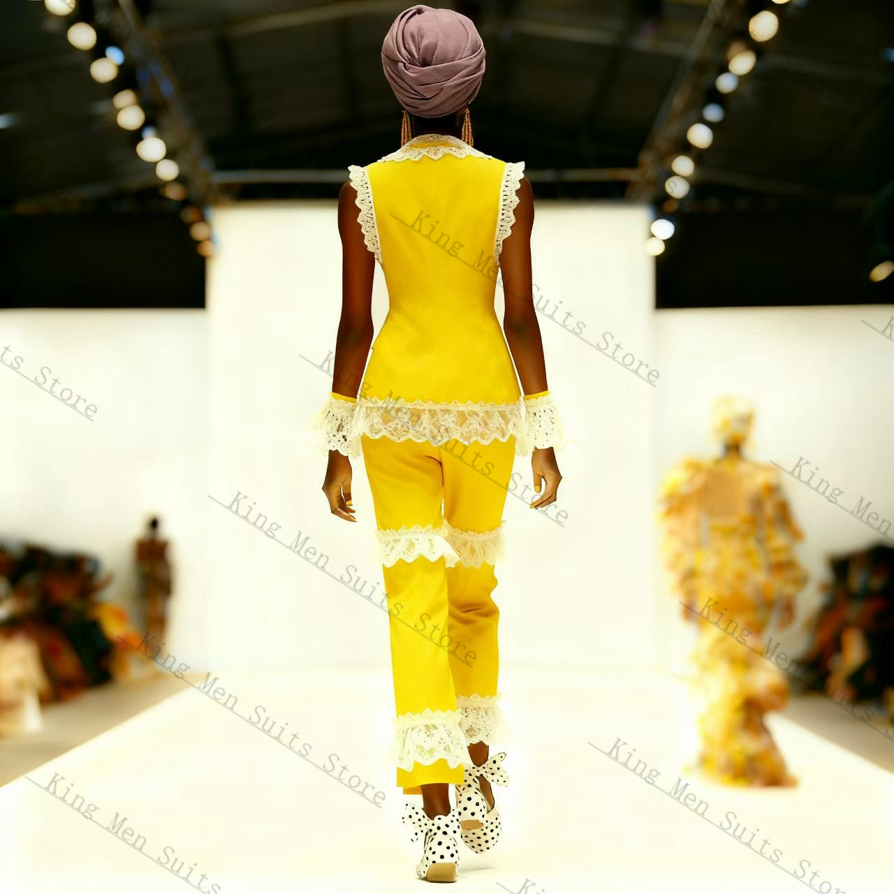 노란색 흰색 레이스 여성 정장 세트 2피스 조끼+바지  - Yellow Formal Wear Women 리뷰 및 가격