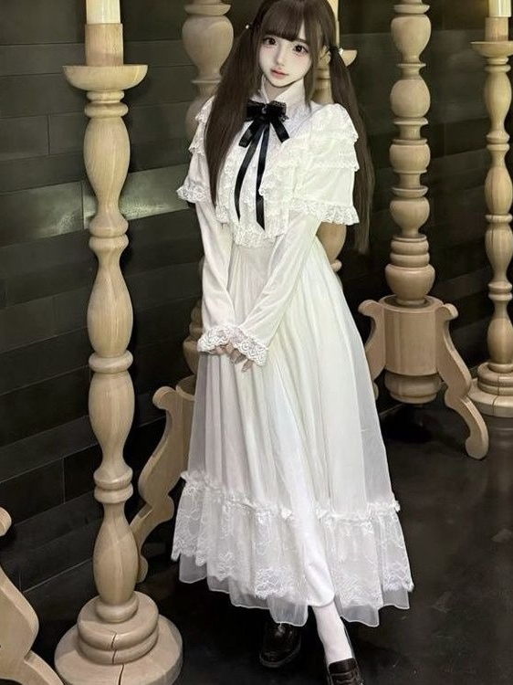 일본식 반소매 리본 레이스 드레스 화이트 슬림 맥시 스 - Women Formal Wear Outfits 리뷰 및 가격