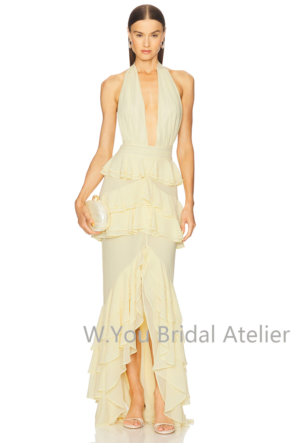 이브닝 드레스 딥 V넥 홀터 프론트 슬릿 러플 맥시 가 - Women'S Formal Wear Wedding Guest 리뷰 및 가격