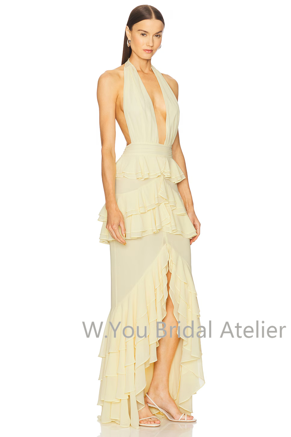 이브닝 드레스 딥 V넥 홀터 프론트 슬릿 러플 맥시 가 - Women'S Formal Wear Wedding Guest 리뷰 및 가격