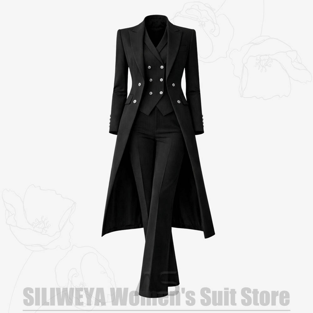 여성 정장 3피스 더블 브레스티드 롱 코트 베스트 팬츠 - Women Formal Wear Outfits 리뷰 및 가격