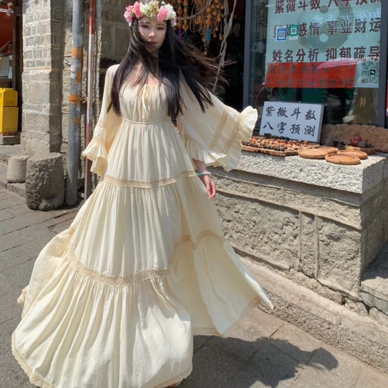 새로운 우아한 스퀘어넥 트럼펫 슬리브 넓은 밑단 홀리데 - Vintage Women'S Formal Wear 리뷰 및 가격