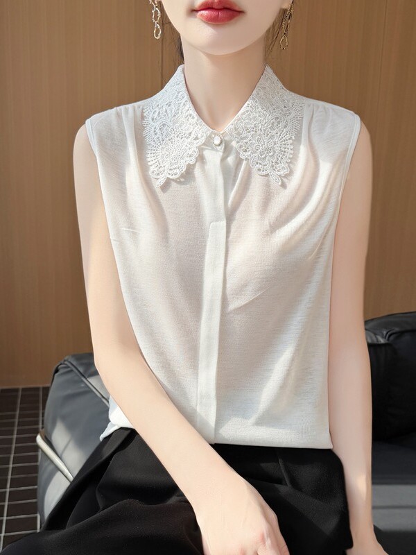 레이스 트림 민소매 니트 셔츠 여성용 단색 베스트 티셔 - Women Formal Wear Vest 리뷰 및 가격