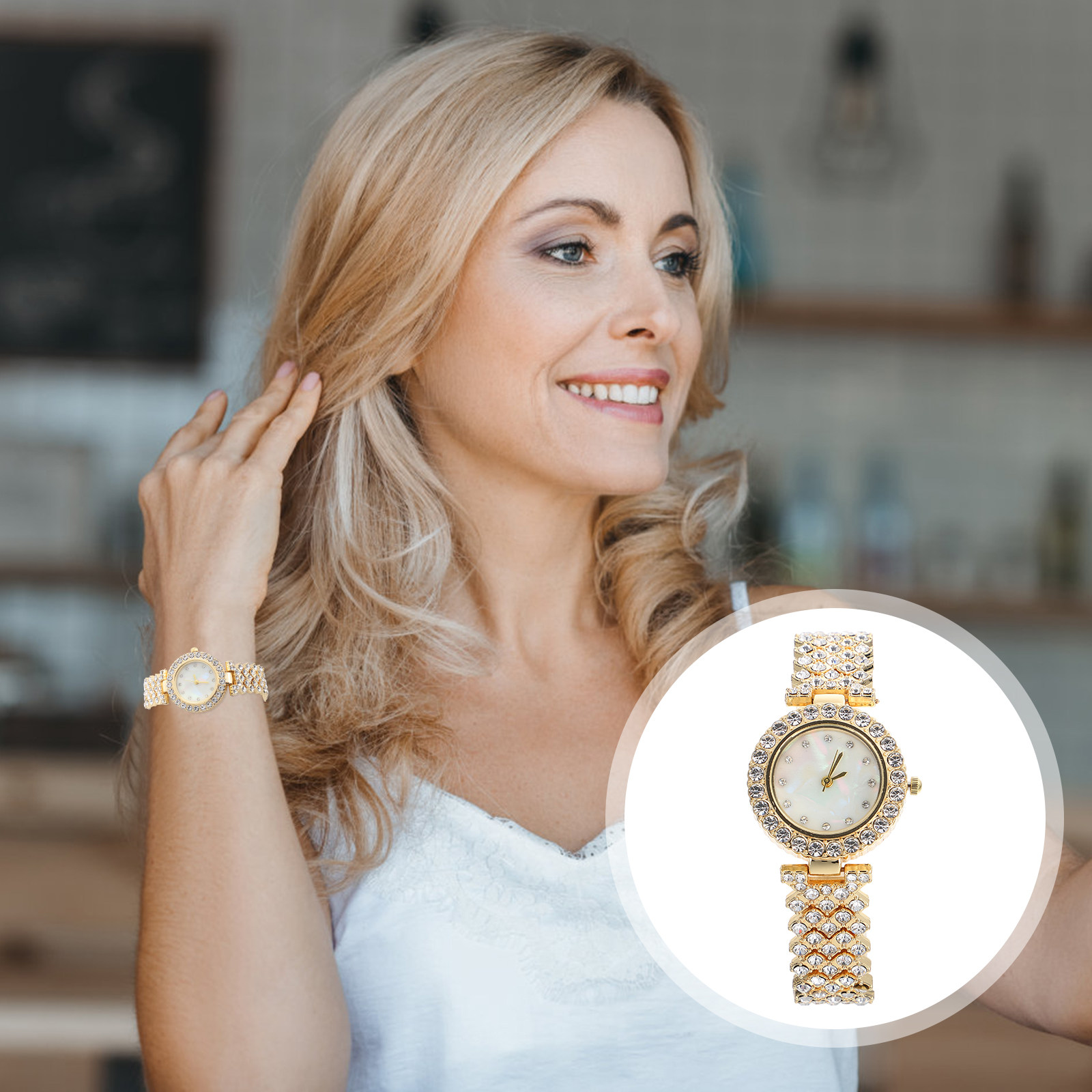반짝이는 골드 라인스톤 시계 여성 패션 다이아몬드 쿼츠 - Women Formal Wear For Meeting 리뷰 및 가격